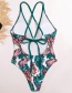 Fashion White Leaf Print Lace Open Back Floral One-piece Swimsuit