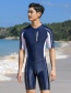 Fashion Navy Blue One-piece Short Sleeve Mens Adult Quick-drying One-piece Swimsuit