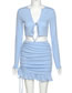 Fashion Blue Long Sleeve Lace Cardigan High Waist Bag Hip Skirt Suit
