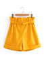 Fashion Yellow Pu Leather Tie Elastic Waist Straight Shorts