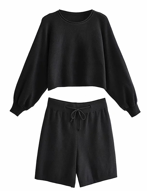 Fashion Black Lantern Sleeve Knit Long Sleeve Sweater Tether Shorts Set