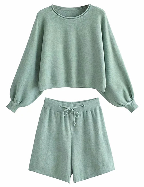 Fashion Khaki Lantern Sleeve Knit Long Sleeve Sweater Tether Shorts Set