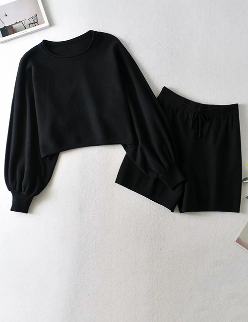 Fashion Black Lantern Sleeve Knit Long Sleeve Sweater Tether Shorts Set