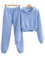 Fashion Blue Pure Color Hooded Long-sleeved Sweater + Drape Wide-leg Pant Suit