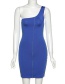 Fashion Blue One-shoulder Sleeve Contrast Stitching Slim Fit Hip Dress