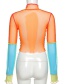 Fashion Orange Contrast Stitching Round Neck Long Sleeve See-through Mesh T-shirt