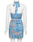 Fashion Blue Printed Halter Halter High Waist Skirt Set