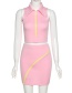 Fashion Pink Zipper Lapel T-shirt High Waist Bag Hip Skirt Suit