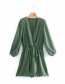 Fashion Green V-neck Waist Solid Color Long Sleeve Dress