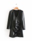 Fashion Black Pleated Faux Leather Deep V Solid Color Dress