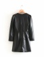 Fashion Black Pleated Faux Leather Deep V Solid Color Dress