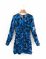 Fashion Blue Pleated Print Long Sleeve Dress
