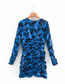 Fashion Blue Pleated Print Long Sleeve Dress