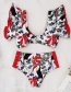 Fashion Green Leaf Bird On White + Red Ruffle Print Knotted High Waist Split Swimsuit