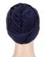 Fashion Navy Blue Pure Color Turban Hat With Cross Folds Forehead