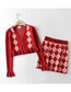 Fashion Khaki Check V-neck Sweater Knit Sweater + Skirt Suit