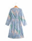 Fashion Blue V-neck Hollow Slit Contrast Print Dress