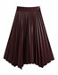 Fashion Red Wine Faux Pu Leather Pleated Skirt