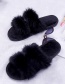 Fashion Black Flat Indoor Slippers With Real Rabbit Fur