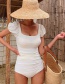 Fashion White Square Neck Puff Sleeve Pleated One-piece Swimsuit