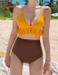 Fashion Yellow High-waisted Belly-covering Lace Contrast Split Swimsuit