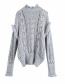 Fashion Gray Embroidered Ruffled Hollow Knit Sweater