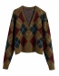 Fashion Coffee Color V-neck Diamond Check Knitted Jacket