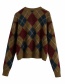 Fashion Coffee Color V-neck Diamond Check Knitted Jacket