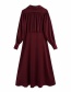 Fashion Red Wine Silk Satin V-neck Pleated Long Sleeve Dress