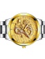 Fashion Silver Color With White Noodles Embossed Dragon Non Mechanical Steel Band Quartz Mens Watch