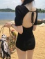 Fashion Black Sleeve V-neck Solid Color One-piece Swimsuit