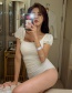 Fashion White Short Sleeve Square Neck Pleated Solid Color One-piece Swimsuit