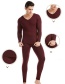 Fashion Wine Red Plus Velvet V-neck Cationic Mens Seamless Thermal Underwear Suit