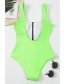 Fashion Fluorescent Green Floral Striped Zipper Open Back One-piece Swimsuit