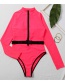 Fashion Pink Colorblock Long Sleeve Zip One Piece Swimsuit