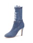 Fashion Navy Blue Mid-tube Pointed Toe Stiletto Heel Non-slip Denim Boots