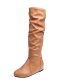 Fashion Brown Round Toe Non-slip Inner Heightening Flat Pleated Boots