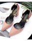 Fashion Wine Red Suede Pointed Toe Hollow Thick Heel Breathable Pearl Ankle Sandals