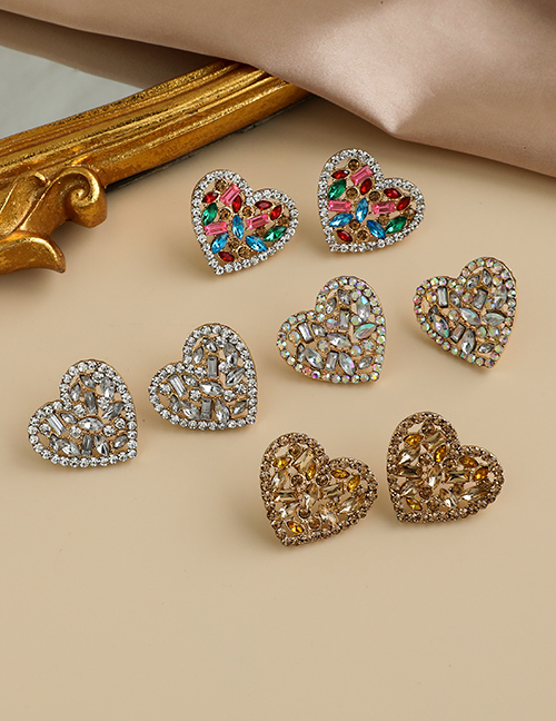 Fashion Ab Color Alloy Diamond Hollow Heart Earrings