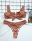 Fashion Brown Solid Color Bow Tie Split Swimsuit