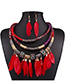 Fashion Red Feather Tassel Beaded Necklace And Earring Set