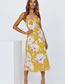 Fashion Yellow Pink Flower Satin Print Lace-up Slip Dress