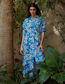 Fashion Blue Floral Printed Lapel Tie Slit Dress