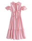 Fashion Pink Stripes Woven Fly-sleeve Off-the-shoulder Swing Dress
