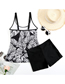 Fashion White Leaves On Black Background Polyester Print Boxer Split Swimsuit