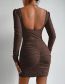 Fashion Dark Brown Solid Square Neck Long Sleeve Pleated Dress