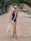 Fashion Blue And White Polyester Colorblock Deep V One Piece Swimsuit