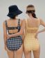 Fashion Yellow Grid Nylon Check Square Neck One Piece Swimsuit