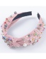 Fashion Pink Fabric Diamond-studded Imitation Pearl Knotted Wide-brimmed Headband