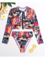 Fashion Checkered Long Sleeve Zipper Print High Waist Large Size Split Swimsuit